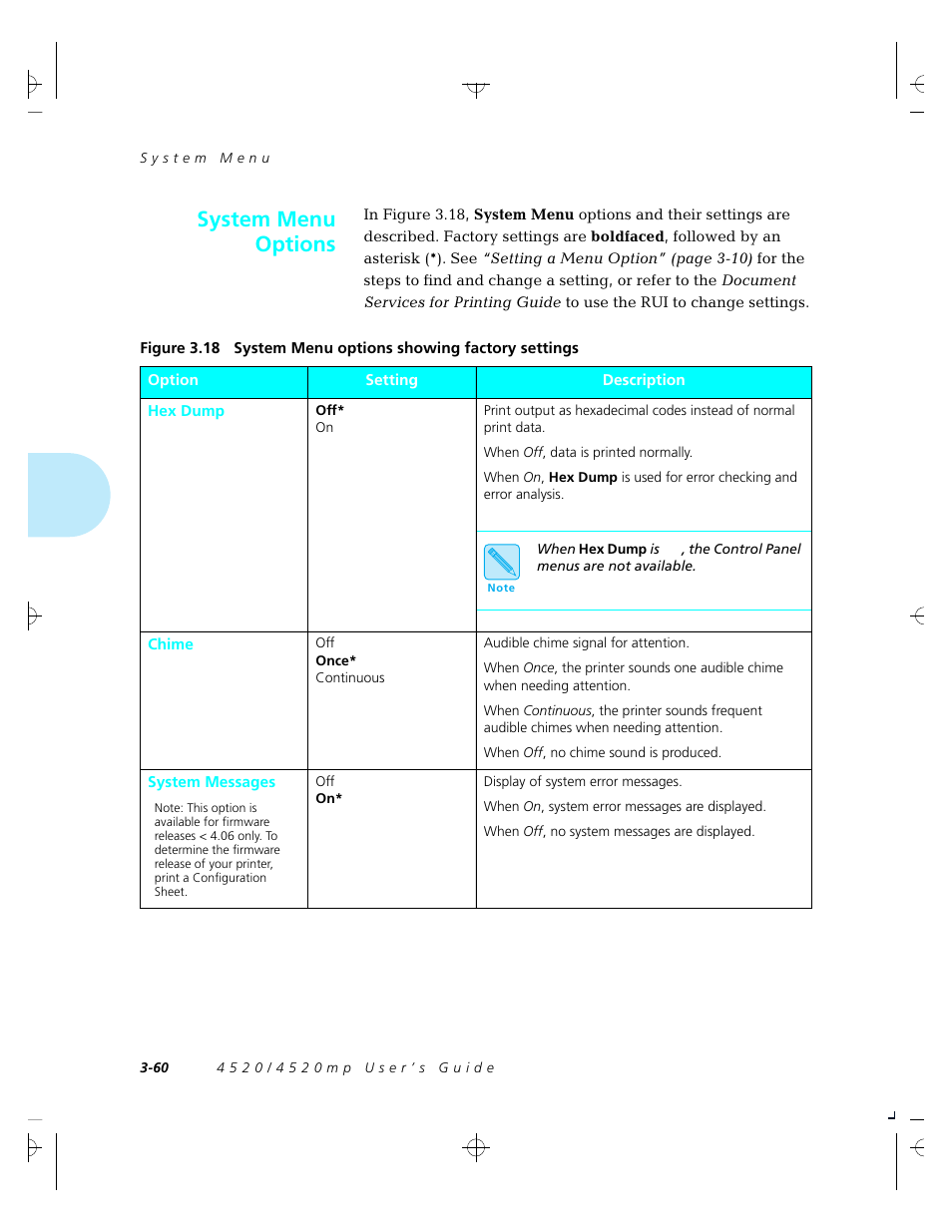 System menu options | Xerox 4520 User Manual | Page 114 / 310