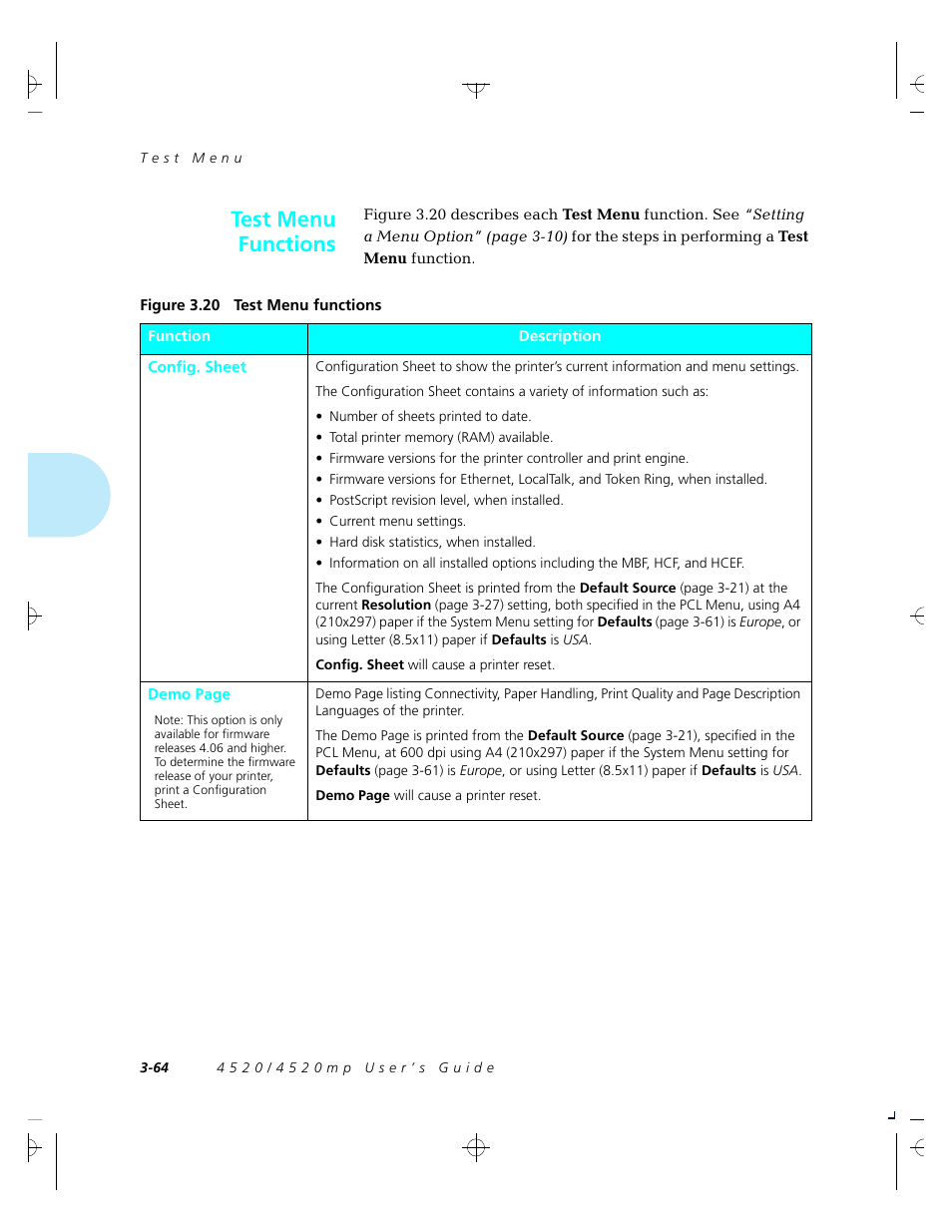 Test menu functions | Xerox 4520 User Manual | Page 118 / 310