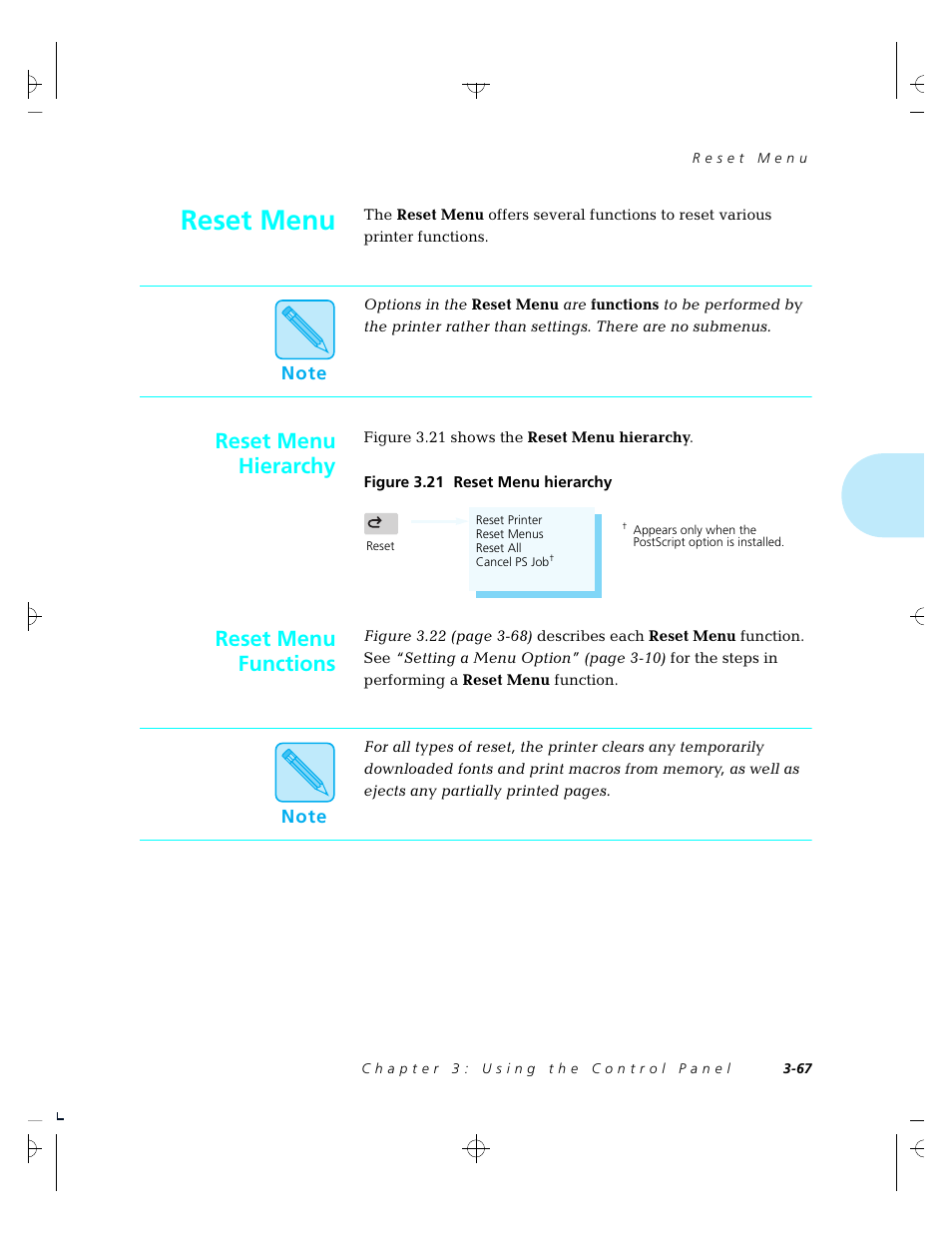 Reset menu, Reset menu hierarchy, Reset menu functions | Xerox 4520 User Manual | Page 121 / 310