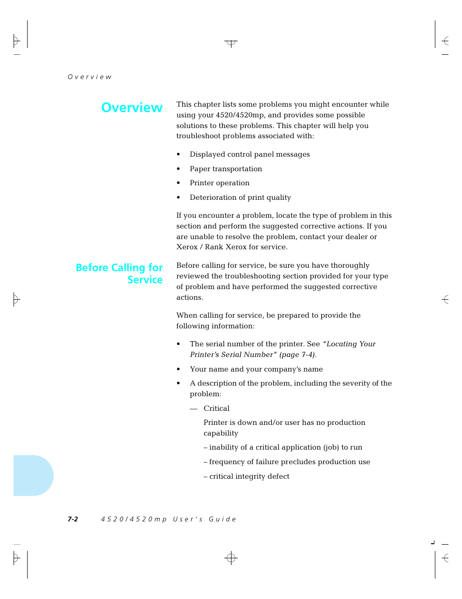 Overview, Before calling for service | Xerox 4520 User Manual | Page 176 / 310