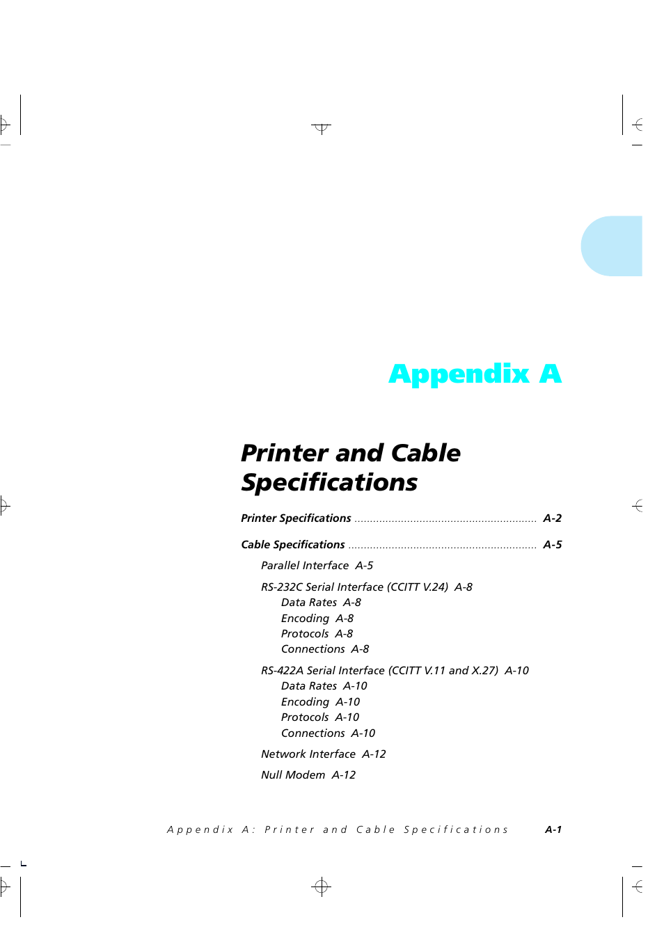 Appendix a, Printer and cable specifications | Xerox 4520 User Manual | Page 227 / 310