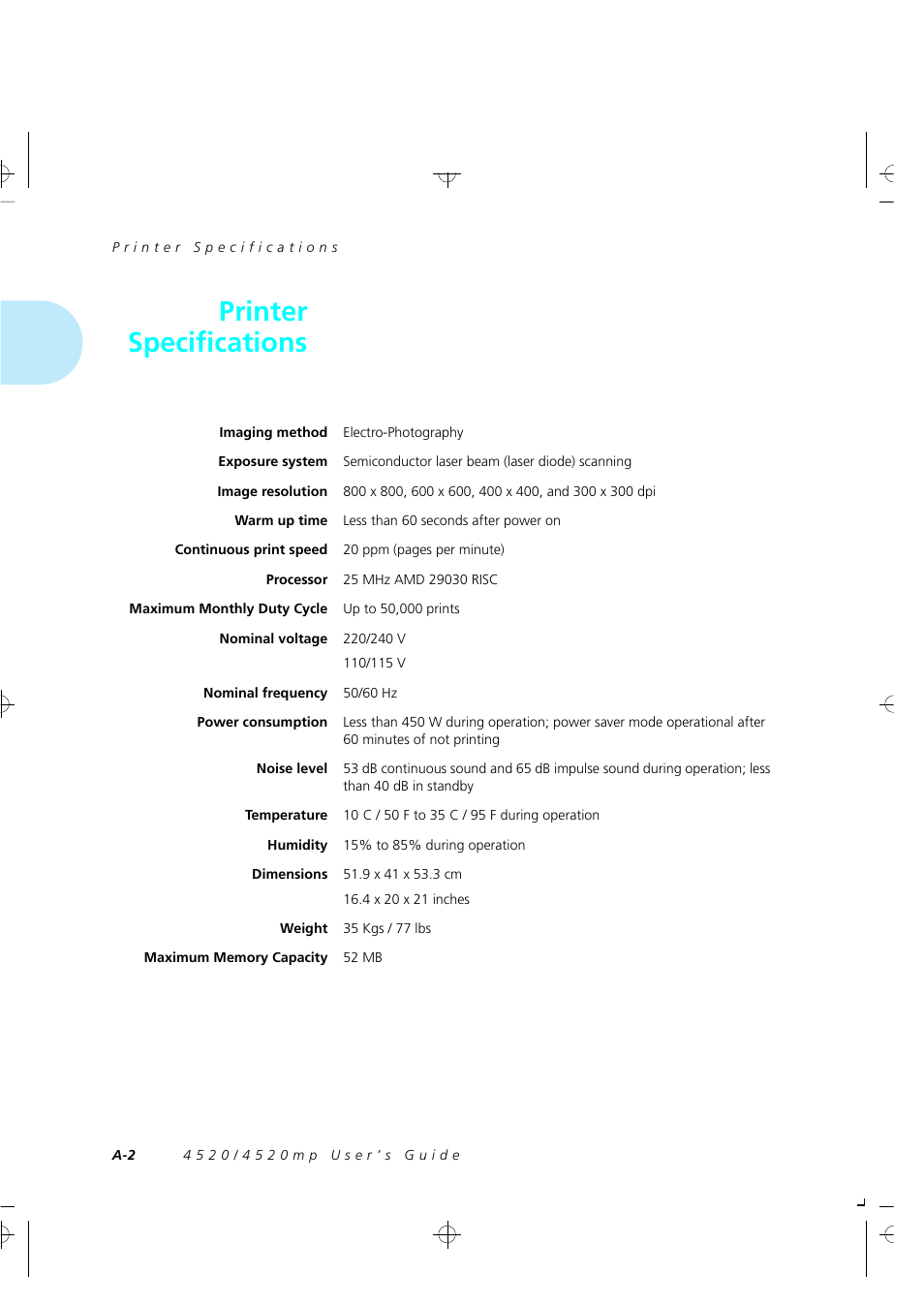 Printer specifications | Xerox 4520 User Manual | Page 228 / 310