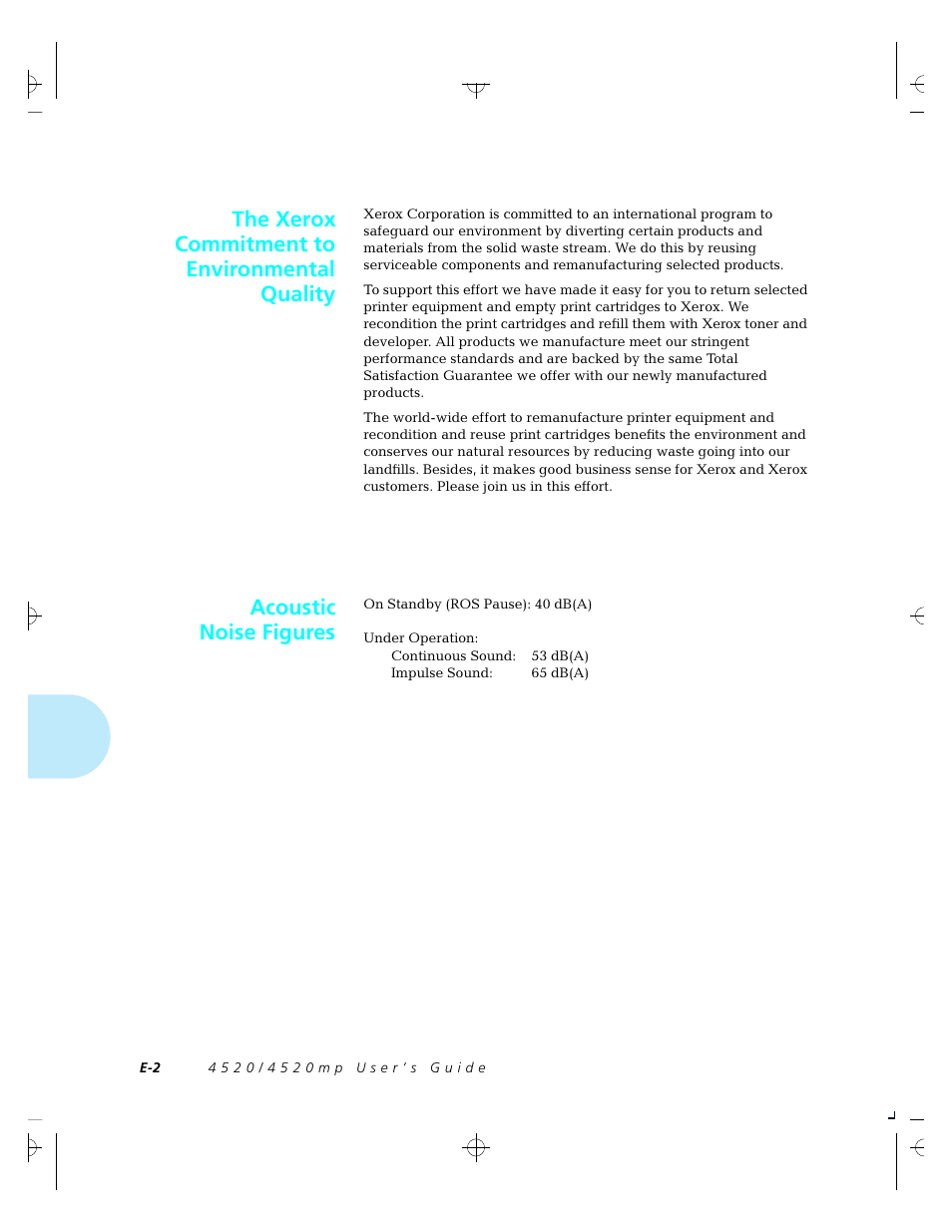 The xerox commitment to environmental quality, Acoustic noise figures | Xerox 4520 User Manual | Page 284 / 310