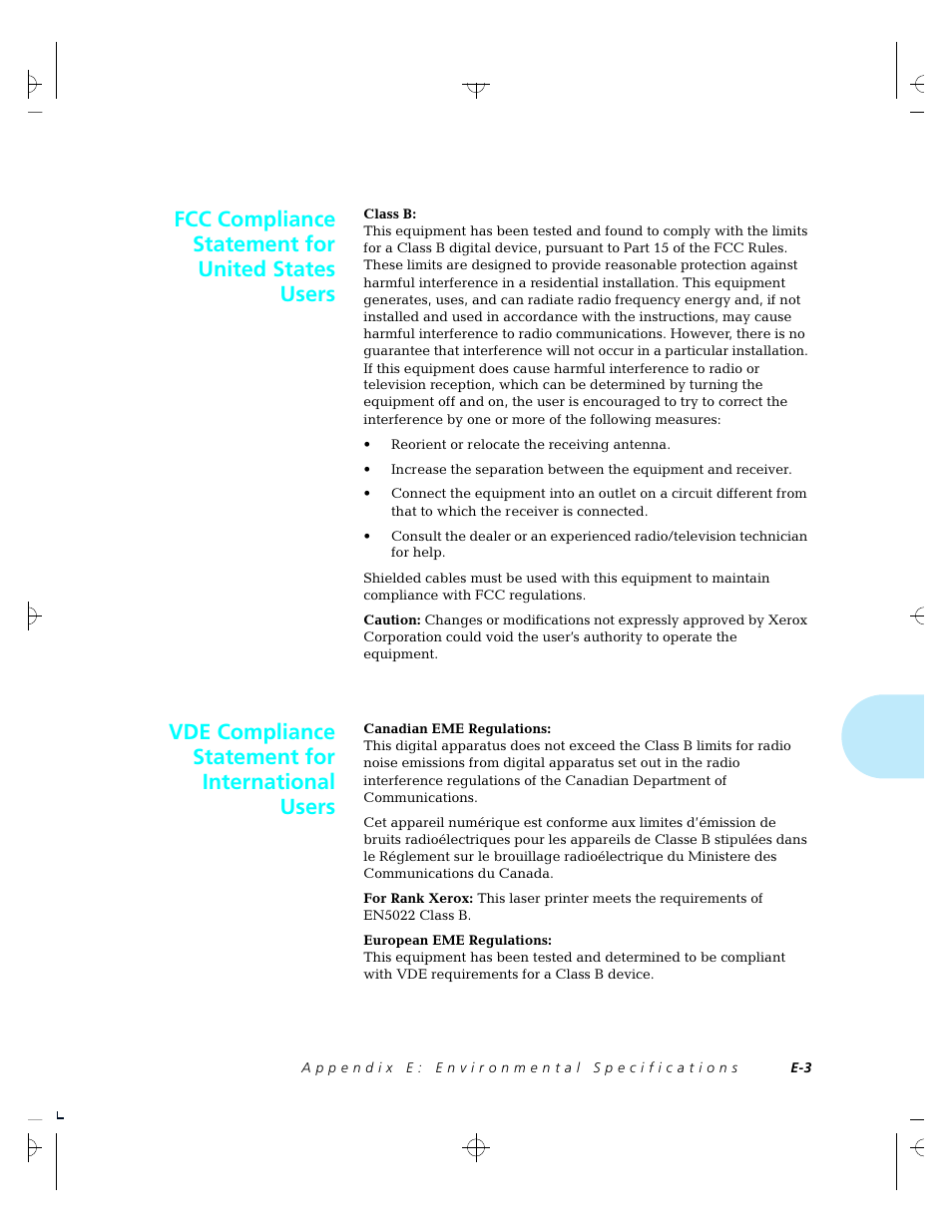 Fcc compliance statement for united states users, Vde compliance statement for international users | Xerox 4520 User Manual | Page 285 / 310