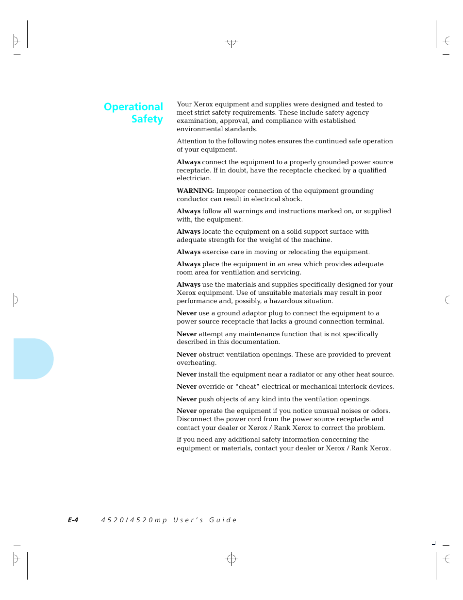 Operational safety | Xerox 4520 User Manual | Page 286 / 310