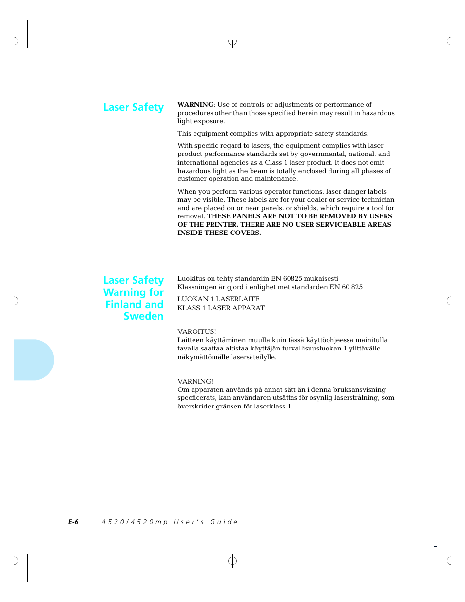 Laser safety, Laser safety warning for finland and sweden | Xerox 4520 User Manual | Page 288 / 310