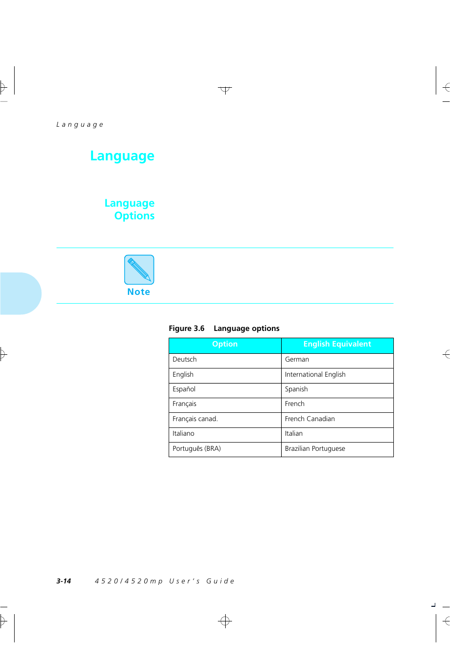 Language, Language options | Xerox 4520 User Manual | Page 68 / 310