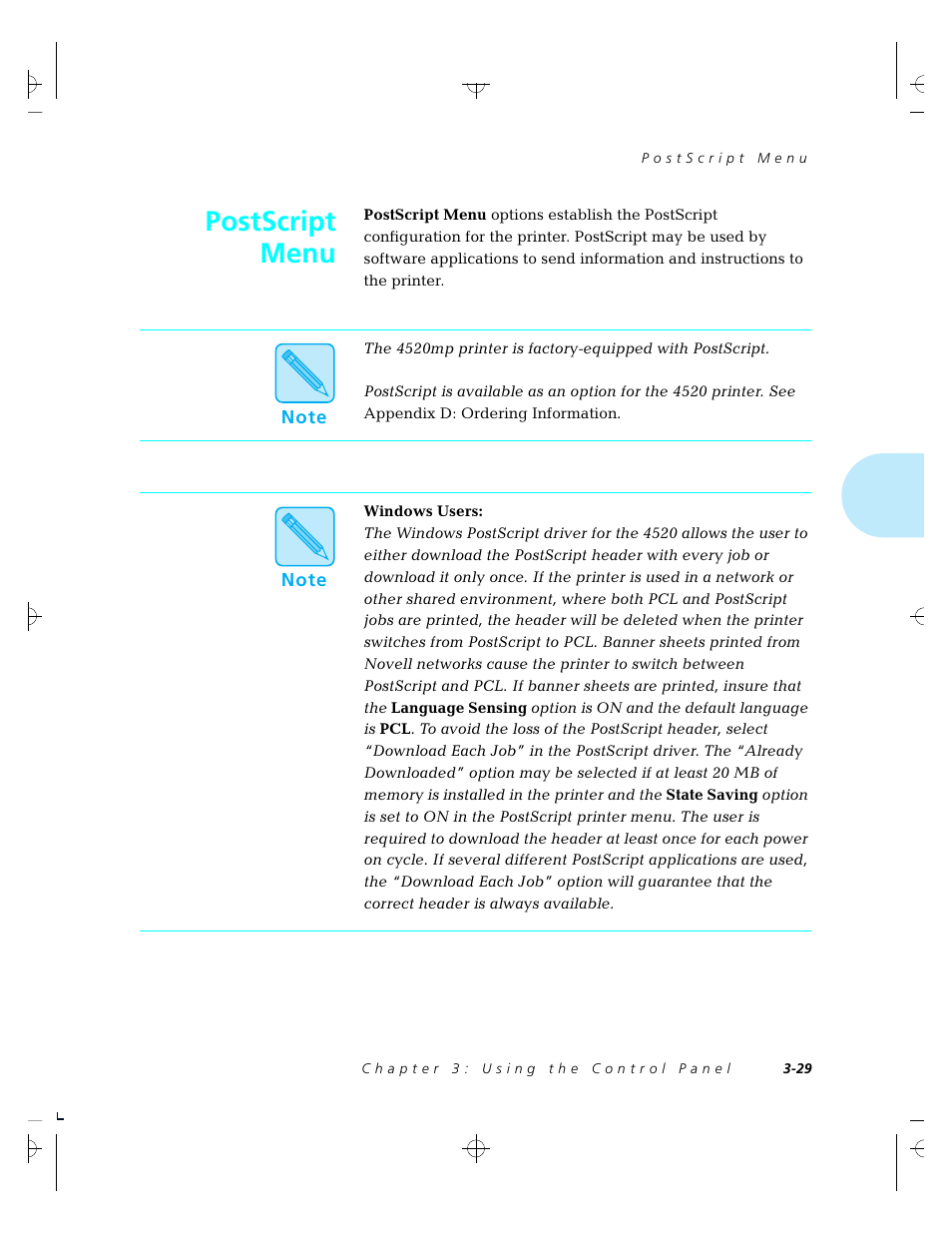 Postscript menu | Xerox 4520 User Manual | Page 83 / 310
