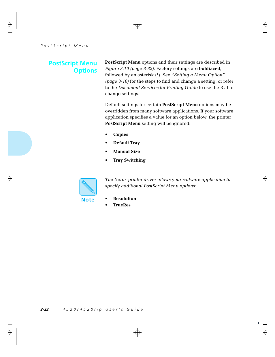Postscript menu options | Xerox 4520 User Manual | Page 86 / 310