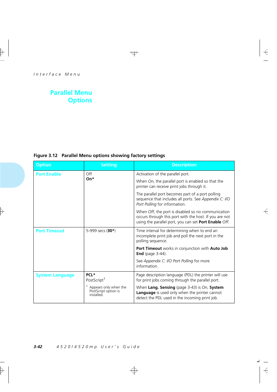 Parallel menu options | Xerox 4520 User Manual | Page 96 / 310