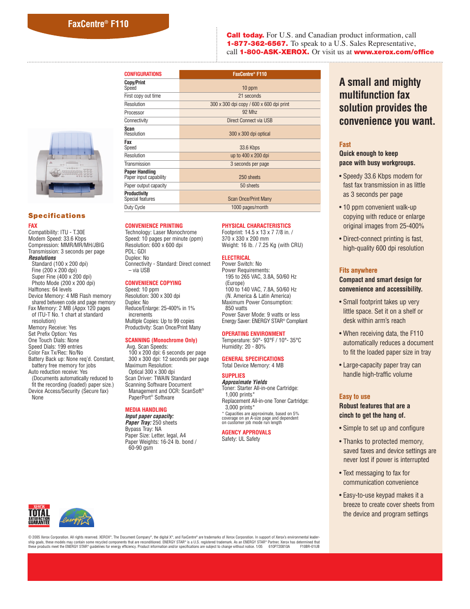 Faxcentre, F110, For u.s. and canadian product information, call | Or visit us at | Xerox FaxCentre F110 User Manual | Page 2 / 2