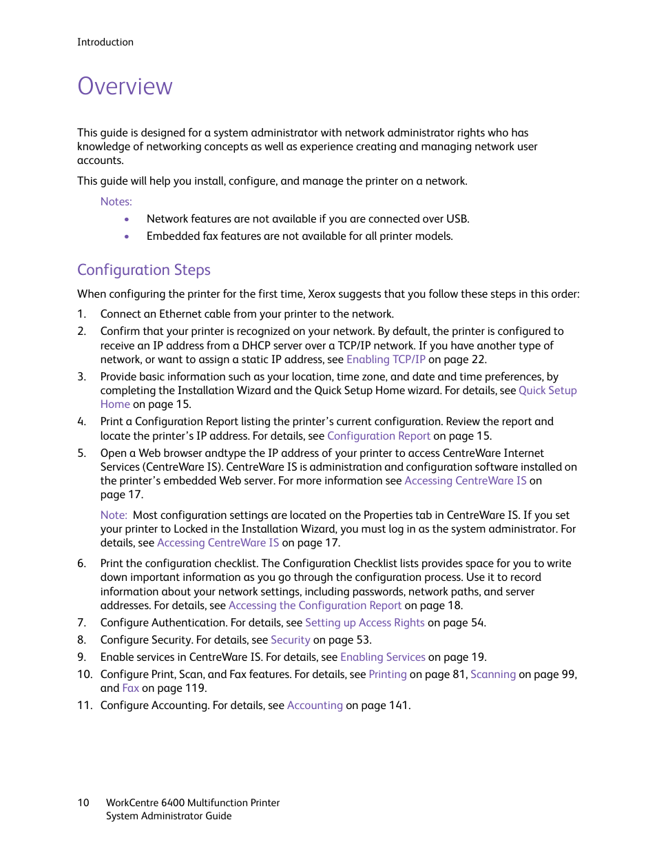 Overview, Configuration steps | Xerox WorkCentre 6400 User Manual | Page 10 / 184
