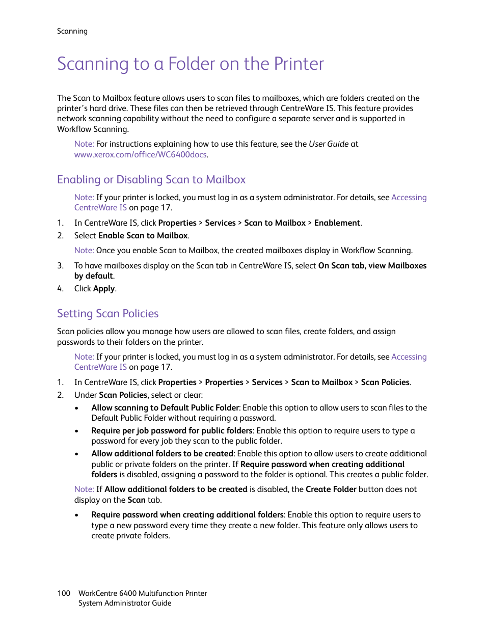 Scanning to a folder on the printer, Enabling or disabling scan to mailbox, Setting scan policies | Xerox WorkCentre 6400 User Manual | Page 100 / 184