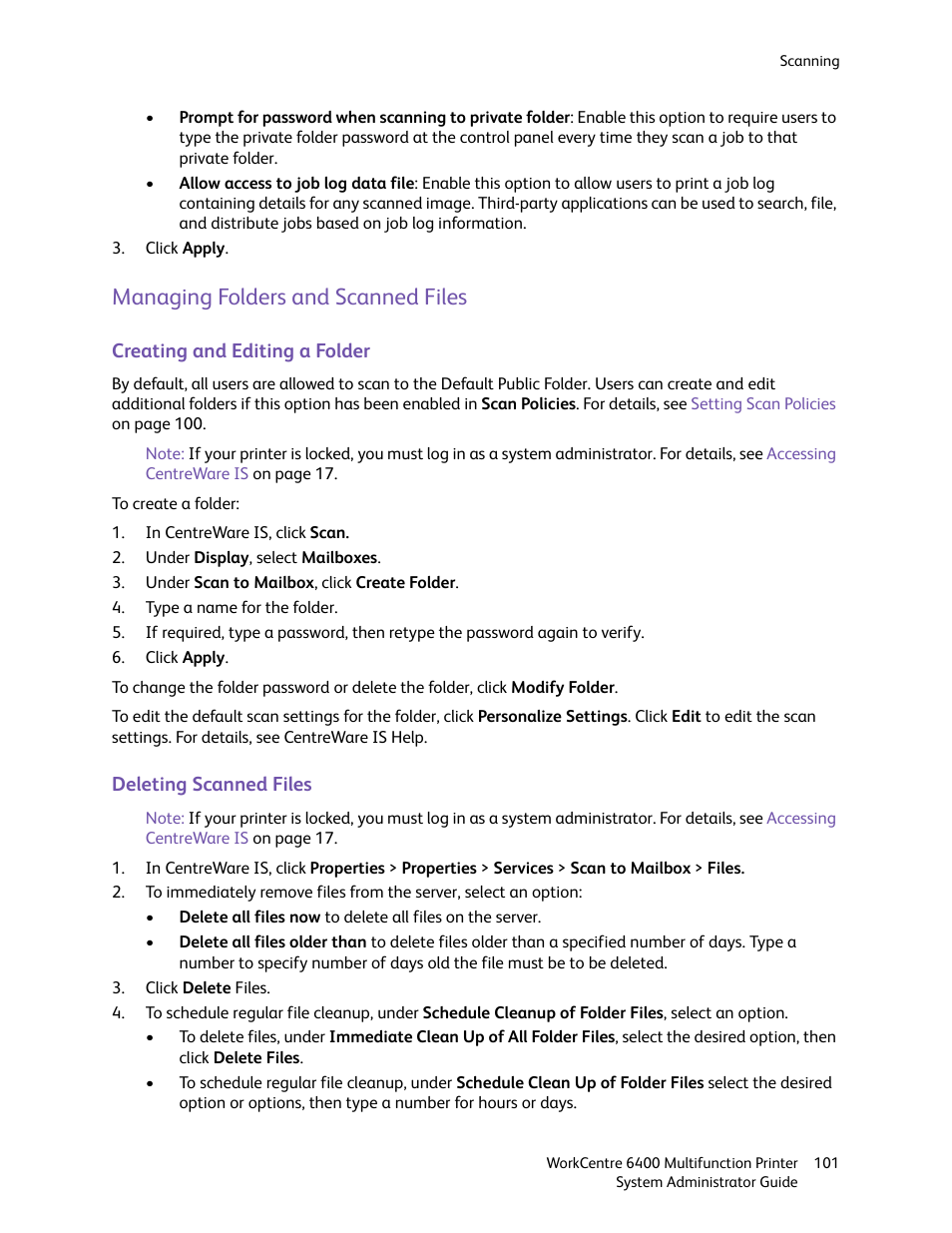 Managing folders and scanned files | Xerox WorkCentre 6400 User Manual | Page 101 / 184