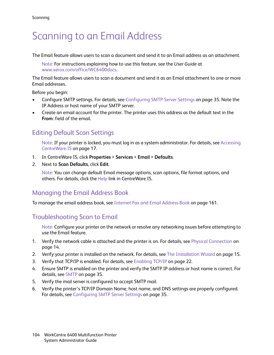 Scanning to an email address, Editing default scan settings, Managing the email address book | Troubleshooting scan to email | Xerox WorkCentre 6400 User Manual | Page 104 / 184