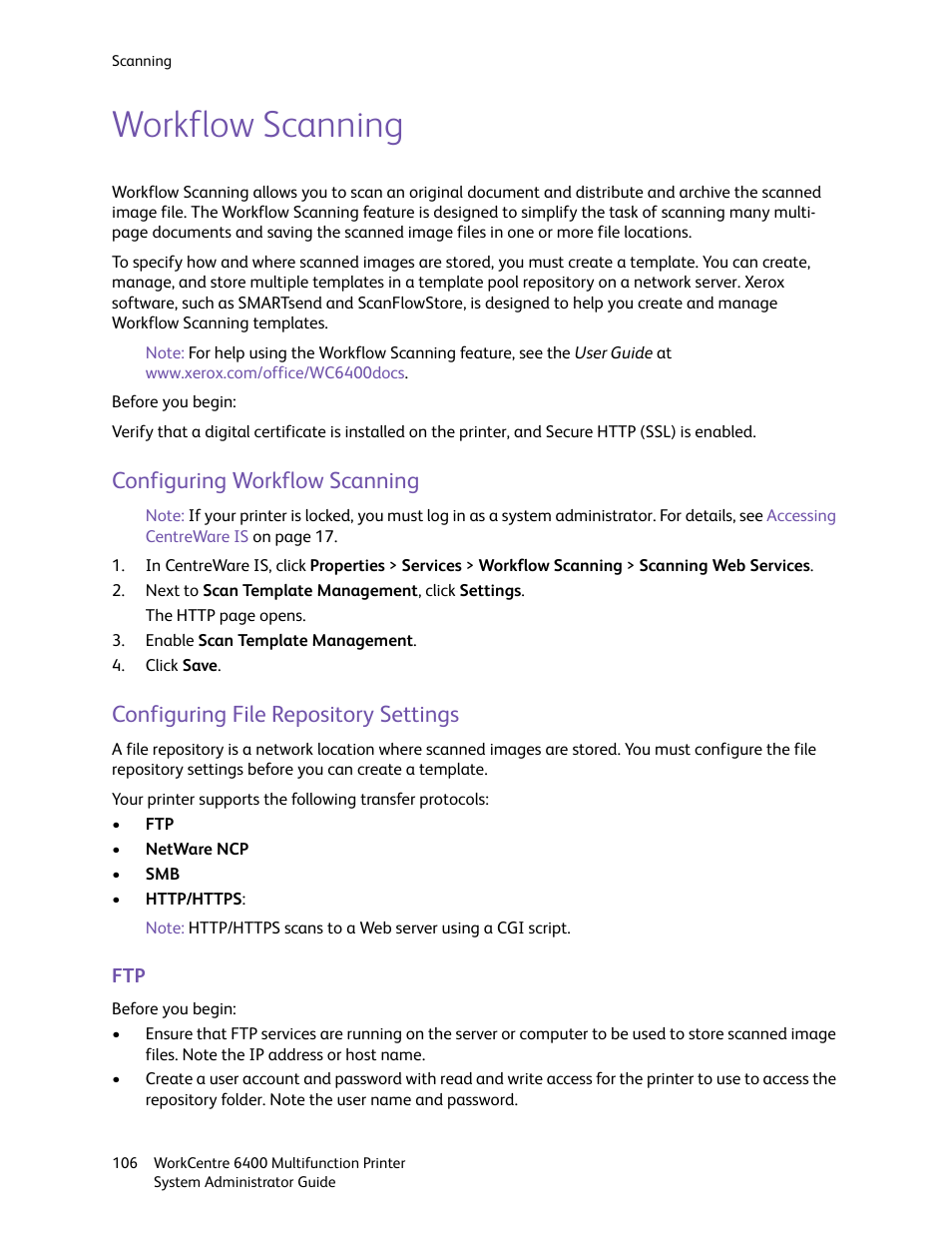 Workflow scanning, Configuring workflow scanning, Configuring file repository settings | Xerox WorkCentre 6400 User Manual | Page 106 / 184