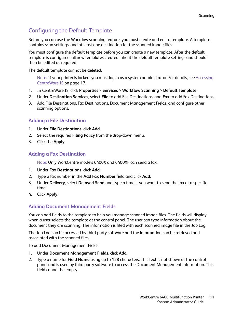 Configuring the default template | Xerox WorkCentre 6400 User Manual | Page 111 / 184