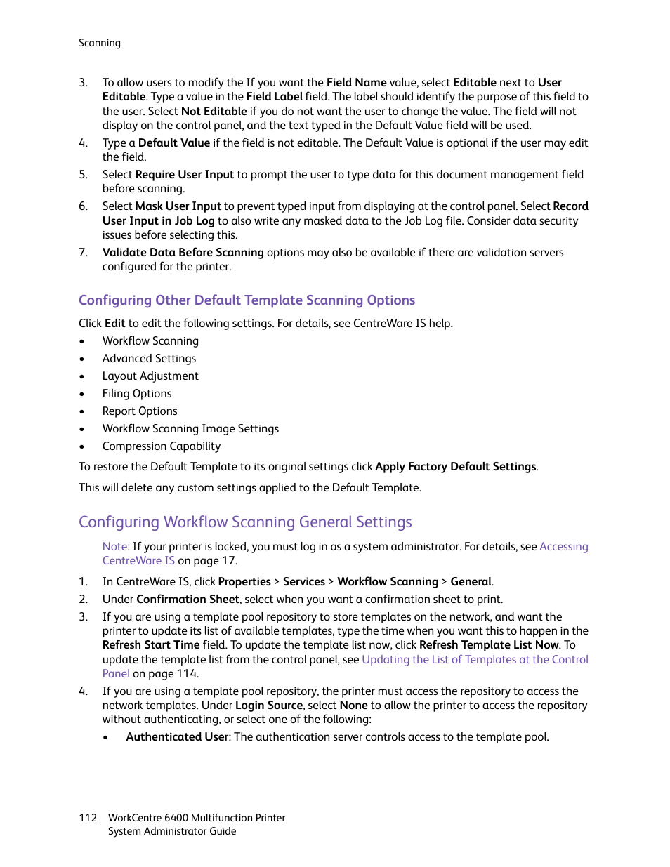 Configuring workflow scanning general settings | Xerox WorkCentre 6400 User Manual | Page 112 / 184