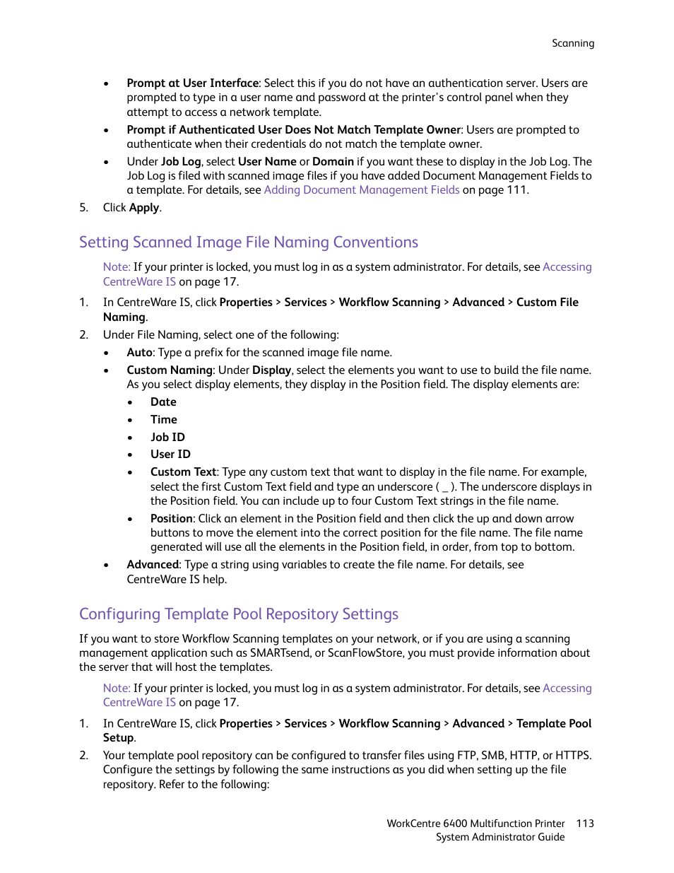 Setting scanned image file naming conventions, Configuring template pool repository settings | Xerox WorkCentre 6400 User Manual | Page 113 / 184