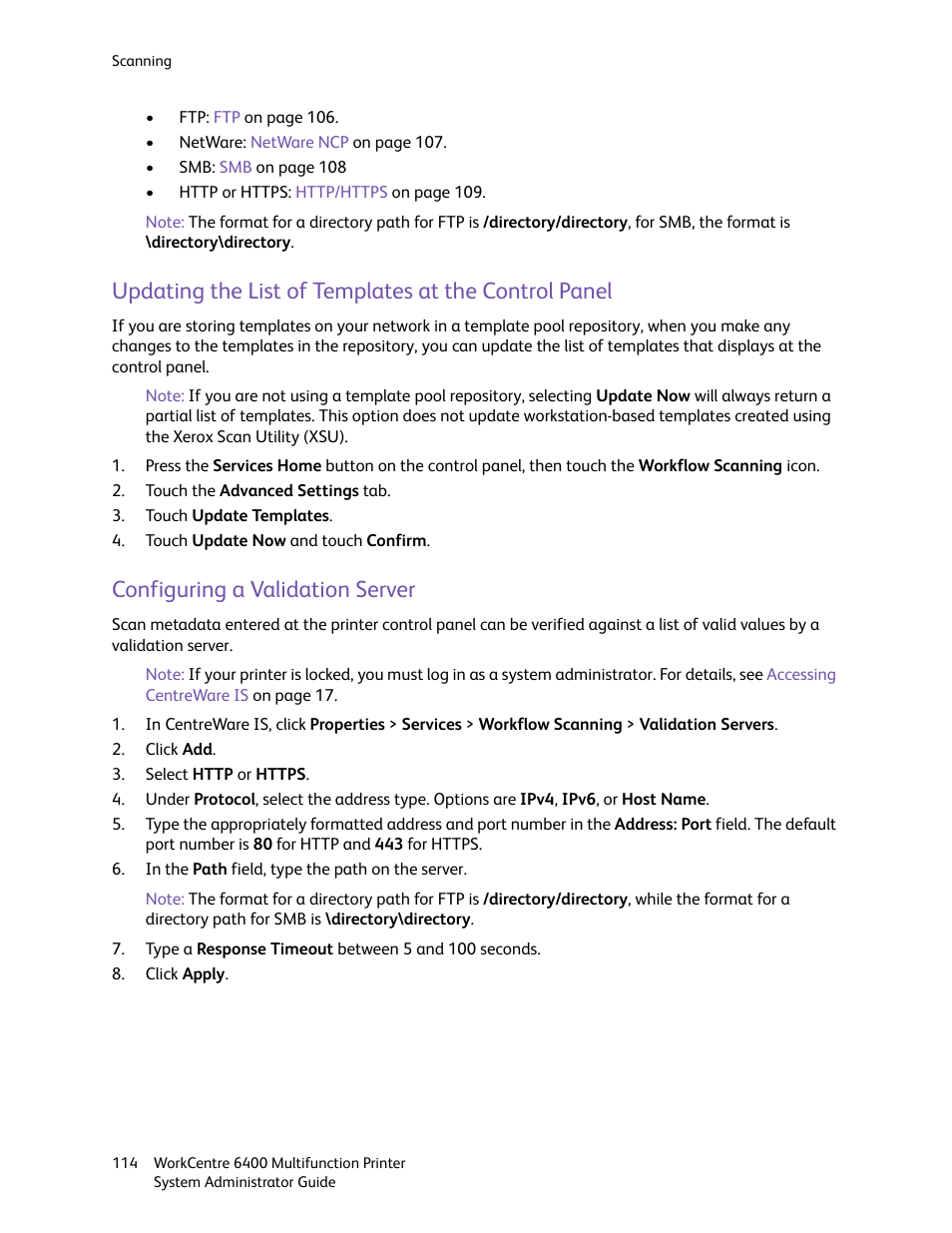 Configuring a validation server, Updating the list of templates at the control, Panel | Xerox WorkCentre 6400 User Manual | Page 114 / 184