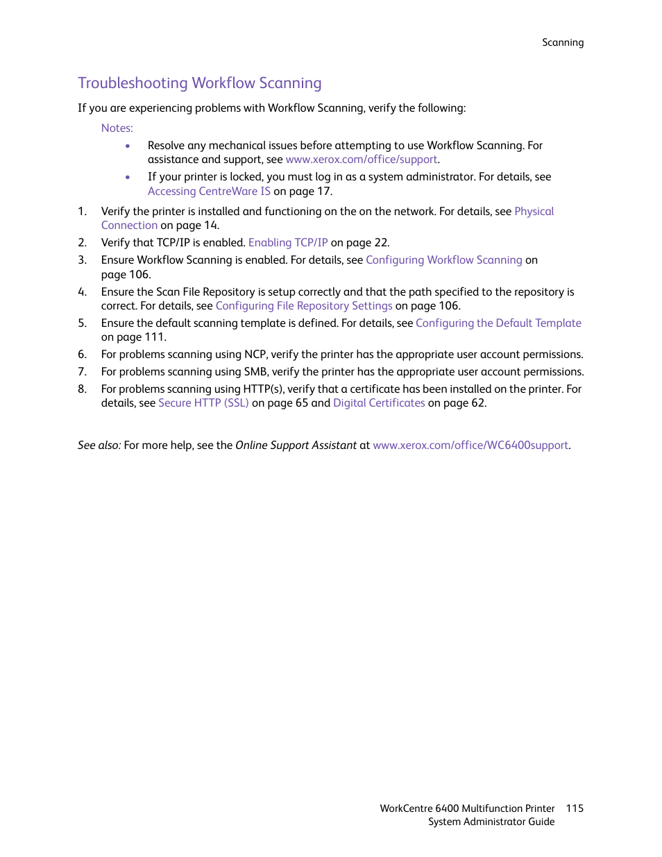 Troubleshooting workflow scanning | Xerox WorkCentre 6400 User Manual | Page 115 / 184