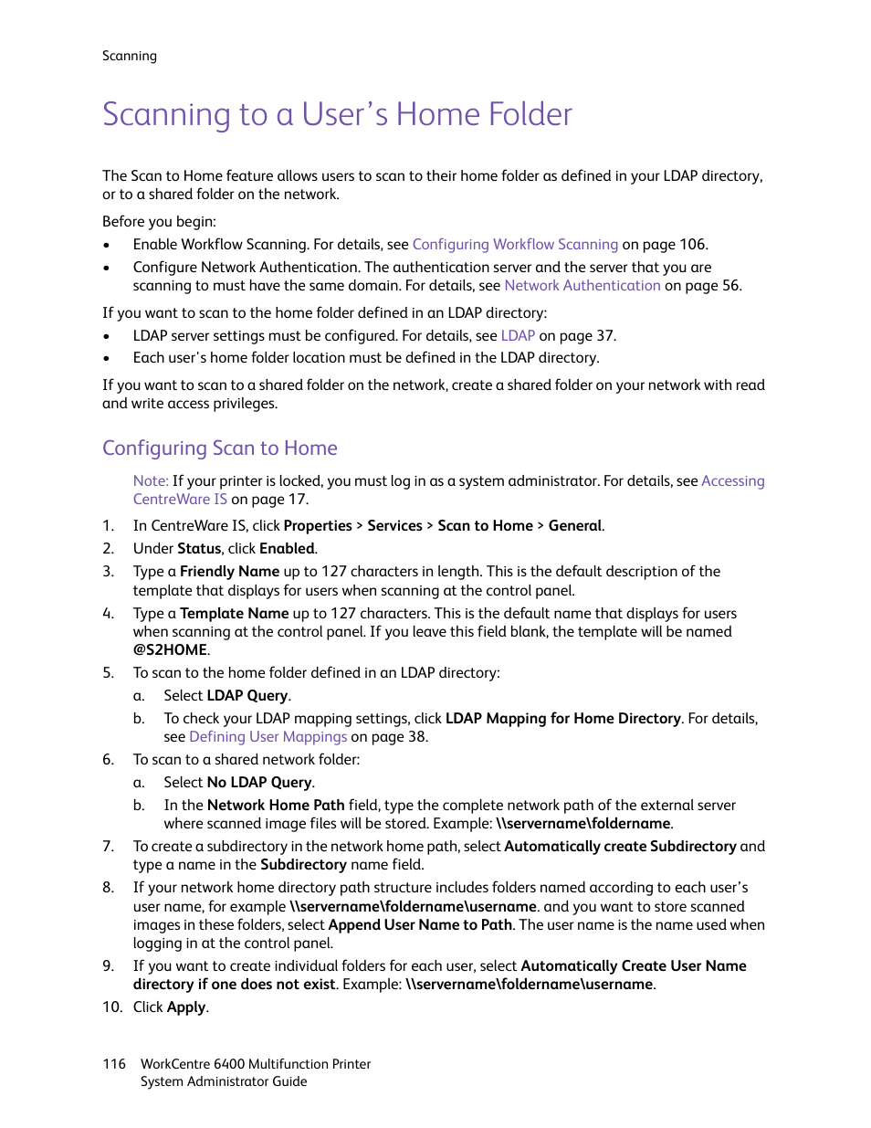 Scanning to a user’s home folder, Configuring scan to home | Xerox WorkCentre 6400 User Manual | Page 116 / 184