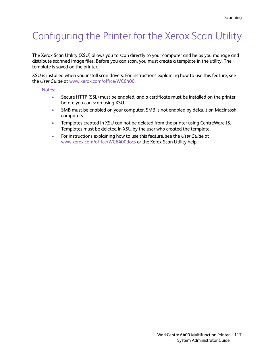 Configuring the printer for the xerox scan utility | Xerox WorkCentre 6400 User Manual | Page 117 / 184