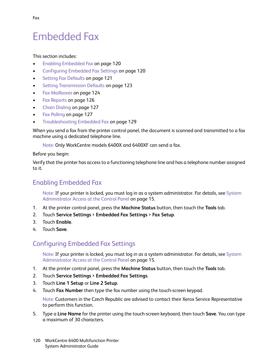 Embedded fax, Enabling embedded fax, Configuring embedded fax settings | Xerox WorkCentre 6400 User Manual | Page 120 / 184