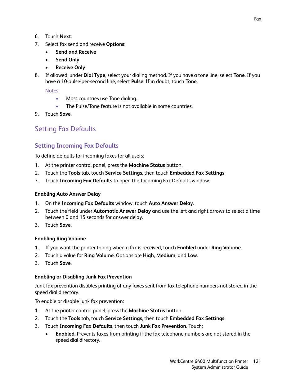 Setting fax defaults | Xerox WorkCentre 6400 User Manual | Page 121 / 184