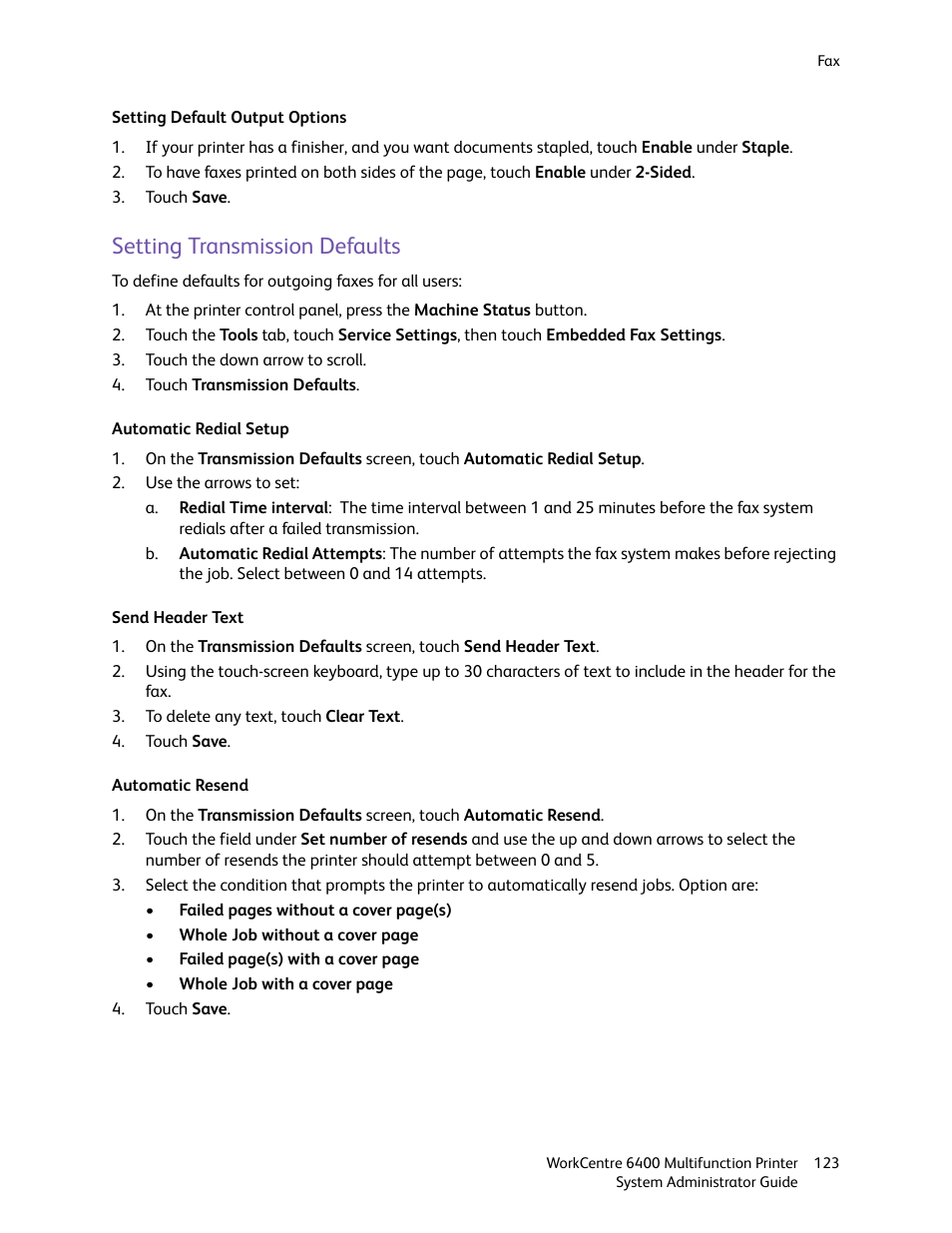 Setting transmission defaults | Xerox WorkCentre 6400 User Manual | Page 123 / 184