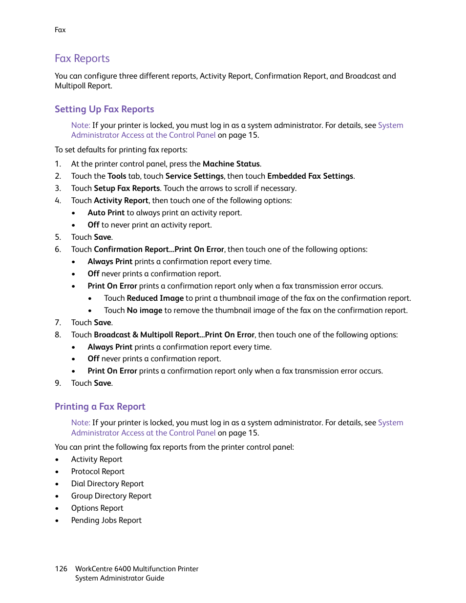 Fax reports | Xerox WorkCentre 6400 User Manual | Page 126 / 184