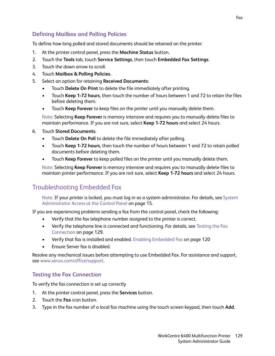 Troubleshooting embedded fax | Xerox WorkCentre 6400 User Manual | Page 129 / 184