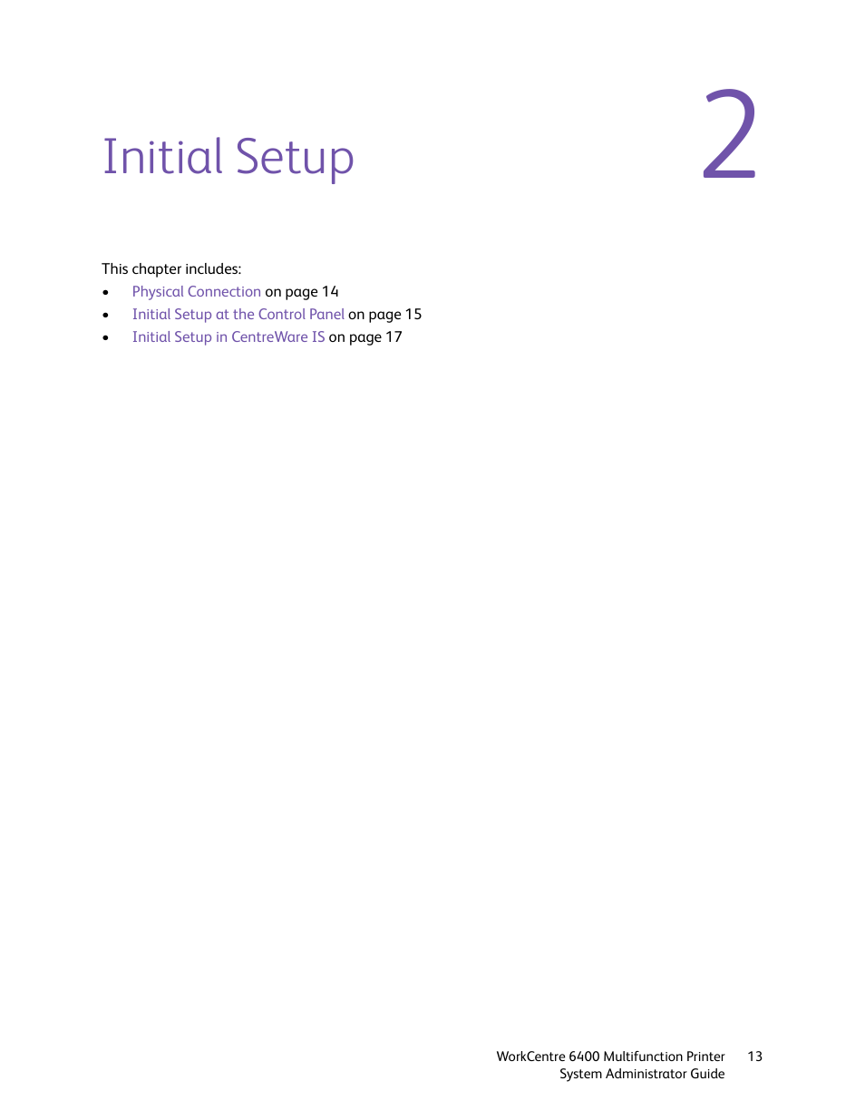 Initial setup | Xerox WorkCentre 6400 User Manual | Page 13 / 184