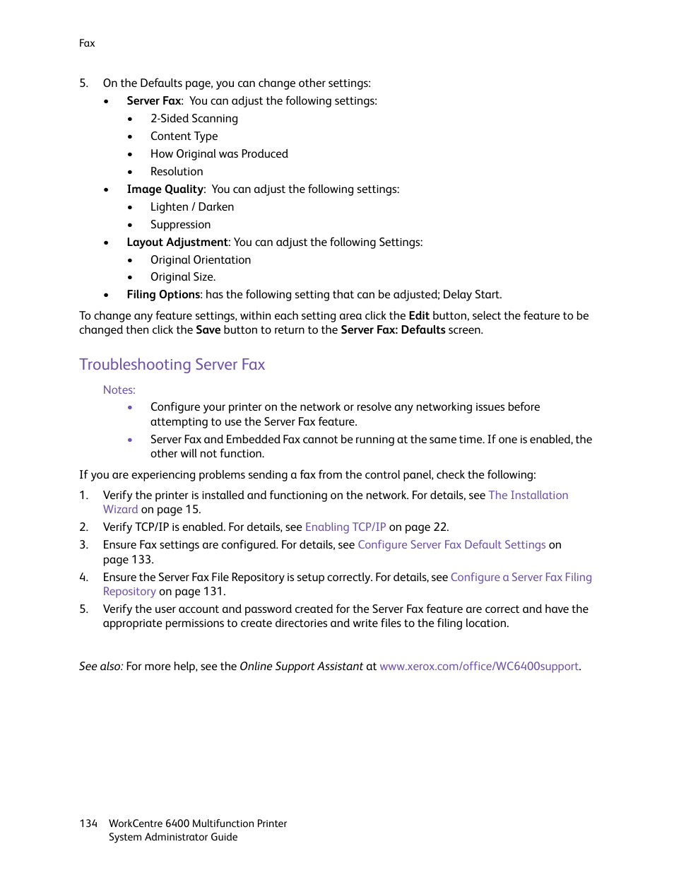 Troubleshooting server fax | Xerox WorkCentre 6400 User Manual | Page 134 / 184