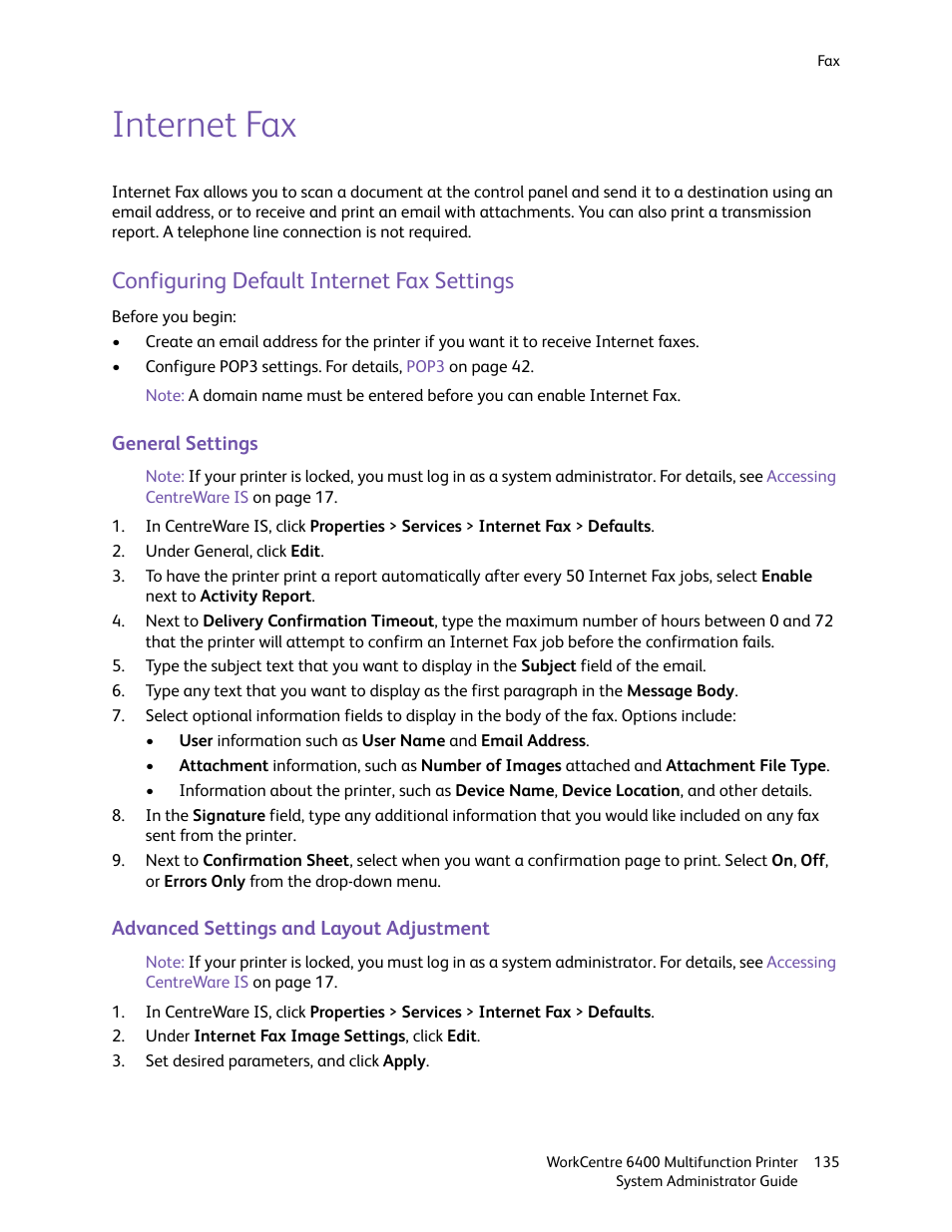 Internet fax, Configuring default internet fax settings | Xerox WorkCentre 6400 User Manual | Page 135 / 184