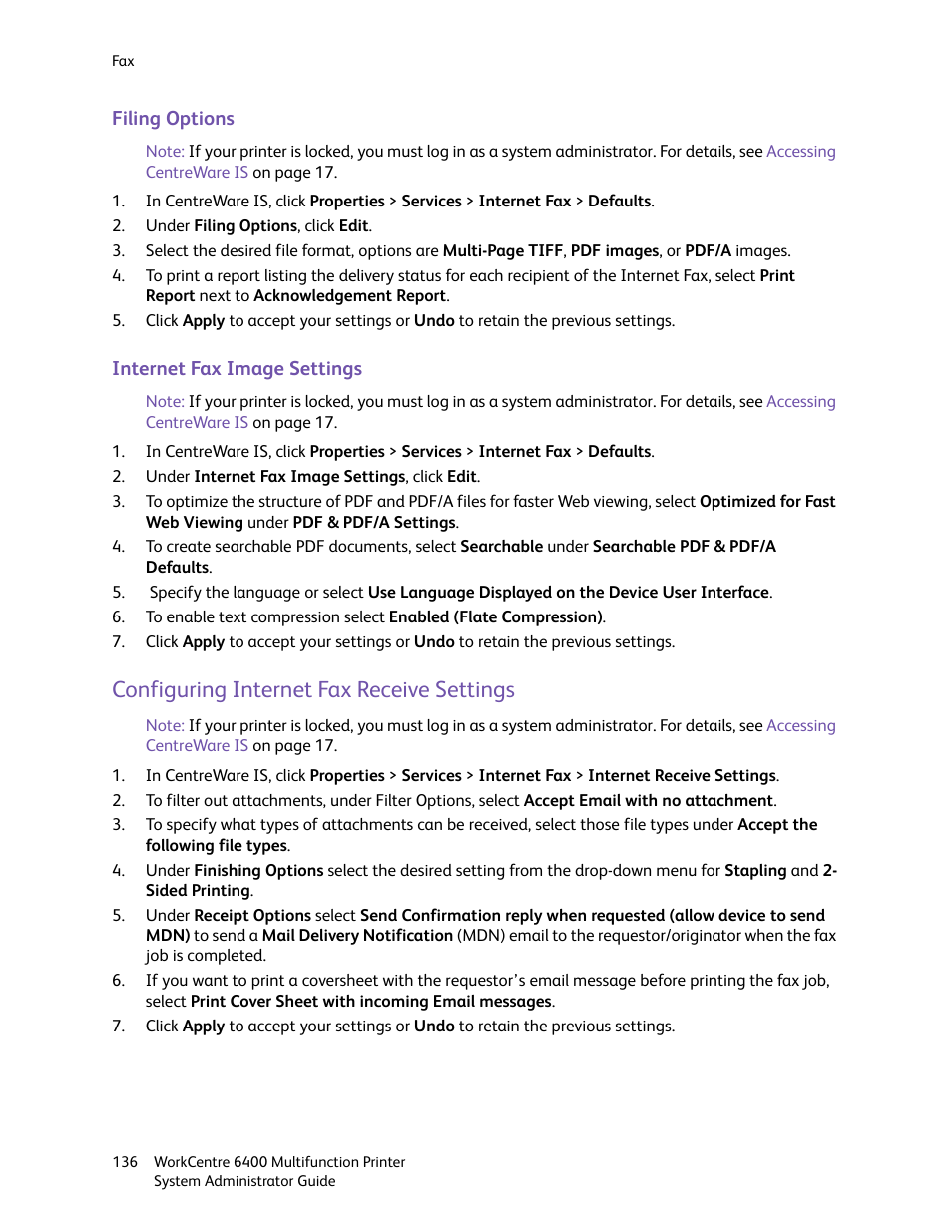 Configuring internet fax receive settings | Xerox WorkCentre 6400 User Manual | Page 136 / 184