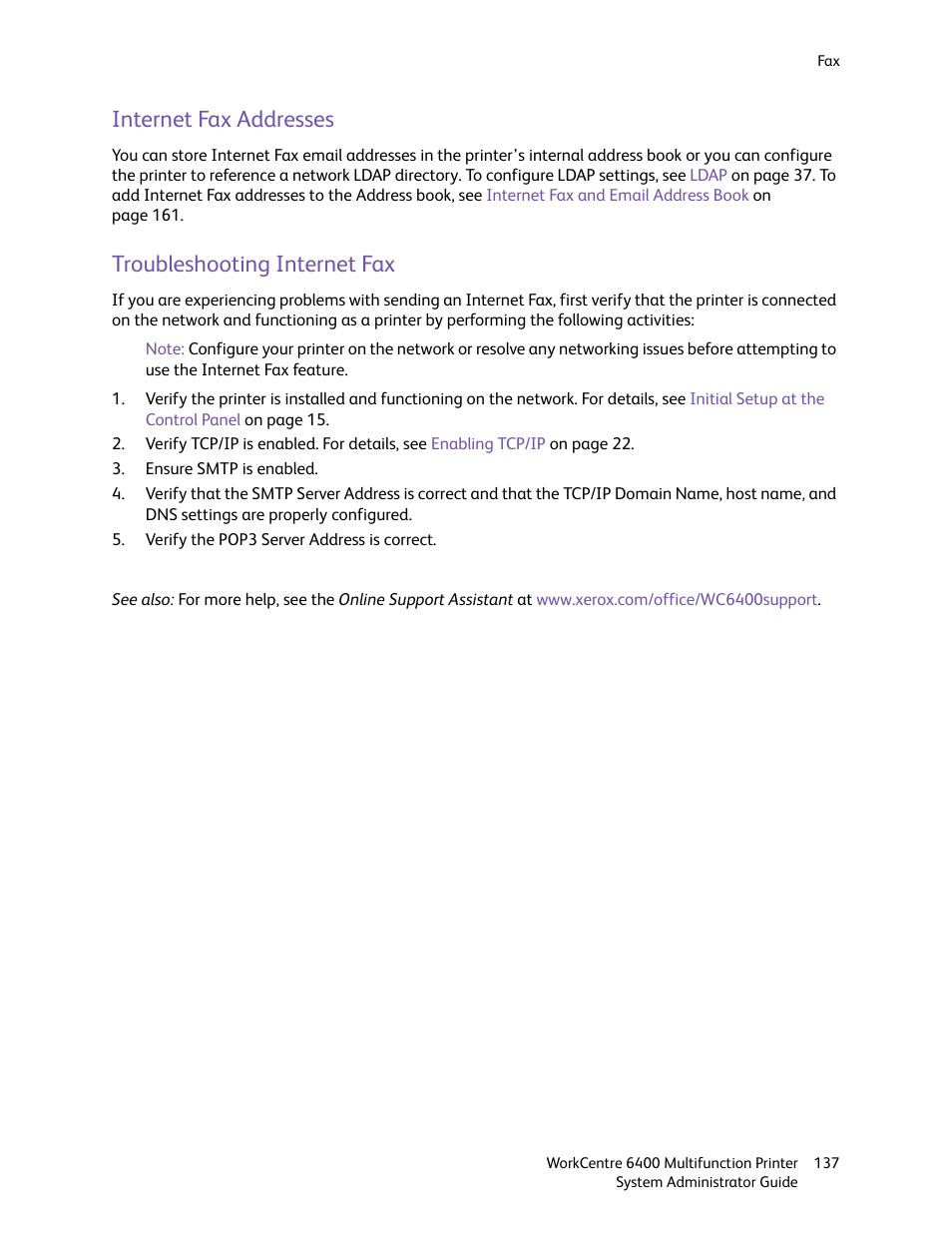 Internet fax addresses, Troubleshooting internet fax | Xerox WorkCentre 6400 User Manual | Page 137 / 184