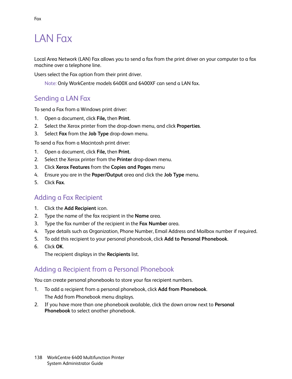 Lan fax, Sending a lan fax, Adding a fax recipient | Adding a recipient from a personal phonebook | Xerox WorkCentre 6400 User Manual | Page 138 / 184