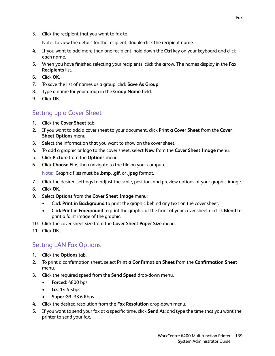 Setting up a cover sheet, Setting lan fax options, Setting up a cover sheet setting lan fax options | Xerox WorkCentre 6400 User Manual | Page 139 / 184