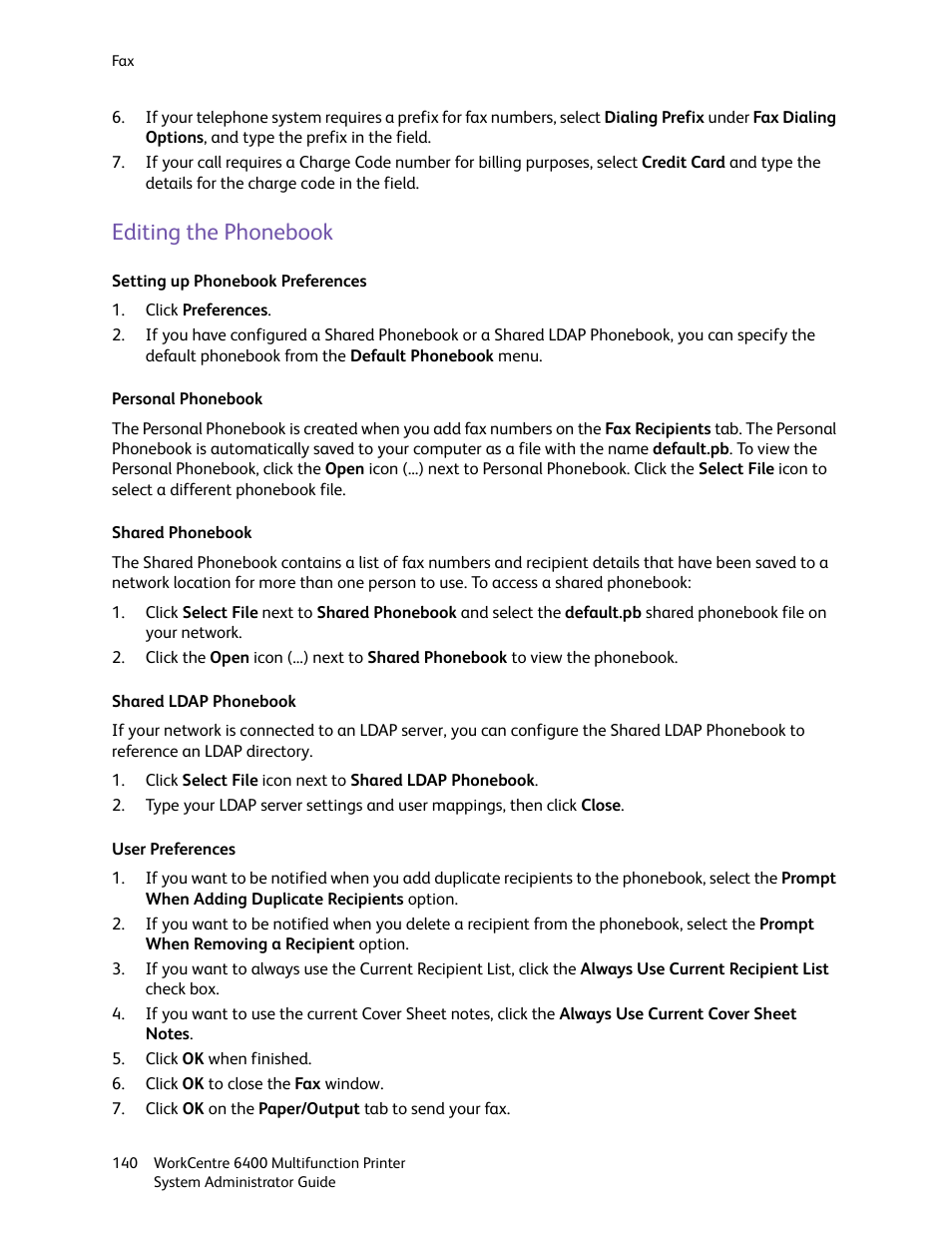 Editing the phonebook | Xerox WorkCentre 6400 User Manual | Page 140 / 184