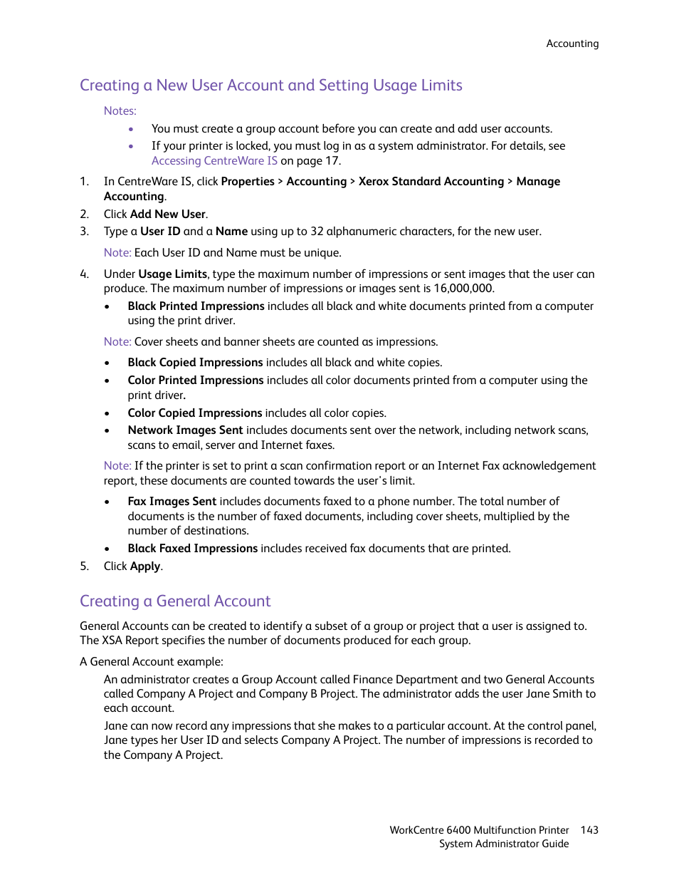 Creating a general account | Xerox WorkCentre 6400 User Manual | Page 143 / 184