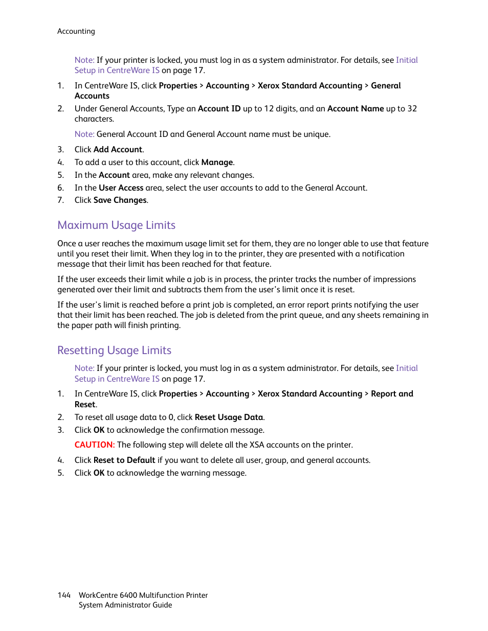 Maximum usage limits, Resetting usage limits, Maximum usage limits resetting usage limits | Xerox WorkCentre 6400 User Manual | Page 144 / 184