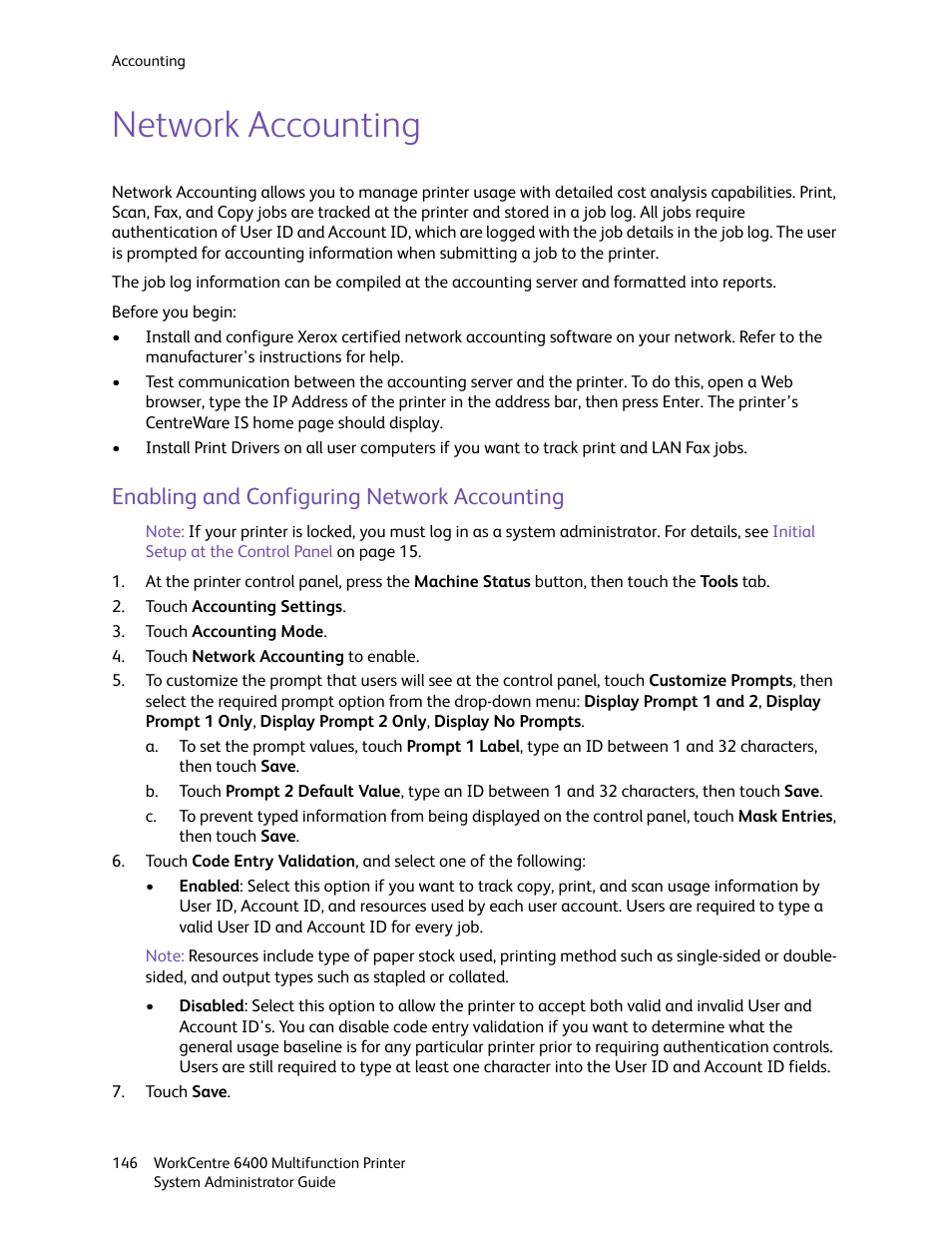 Network accounting, Enabling and configuring network accounting | Xerox WorkCentre 6400 User Manual | Page 146 / 184