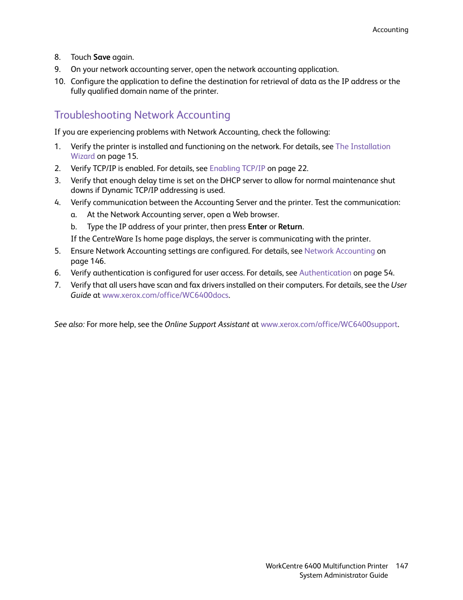 Troubleshooting network accounting | Xerox WorkCentre 6400 User Manual | Page 147 / 184