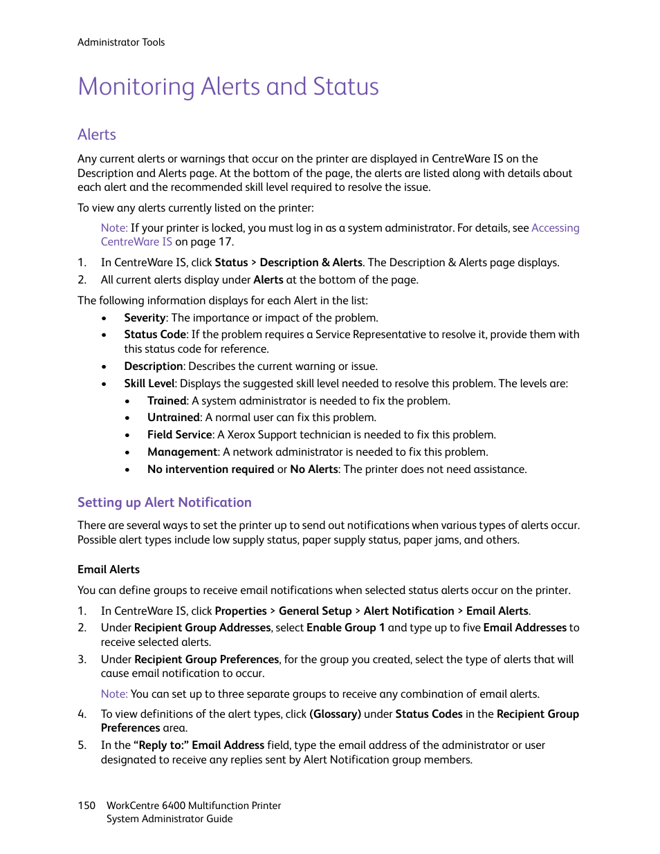 Monitoring alerts and status, Alerts | Xerox WorkCentre 6400 User Manual | Page 150 / 184