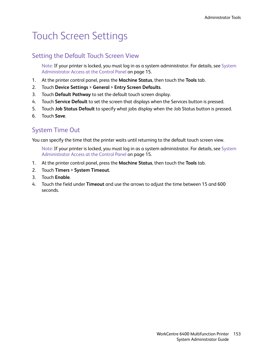 Touch screen settings, Setting the default touch screen view, System time out | Xerox WorkCentre 6400 User Manual | Page 153 / 184