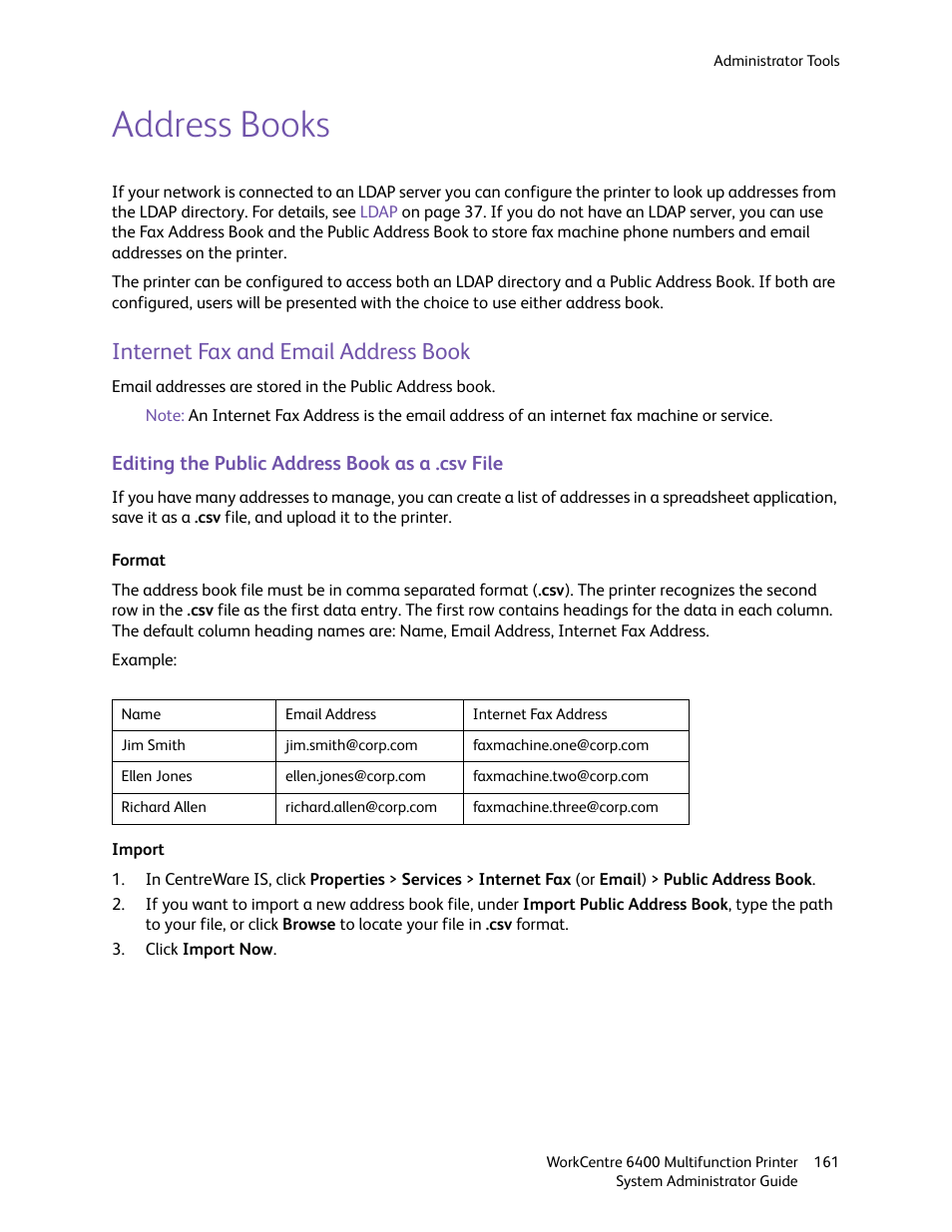 Address books, Internet fax and email address book | Xerox WorkCentre 6400 User Manual | Page 161 / 184