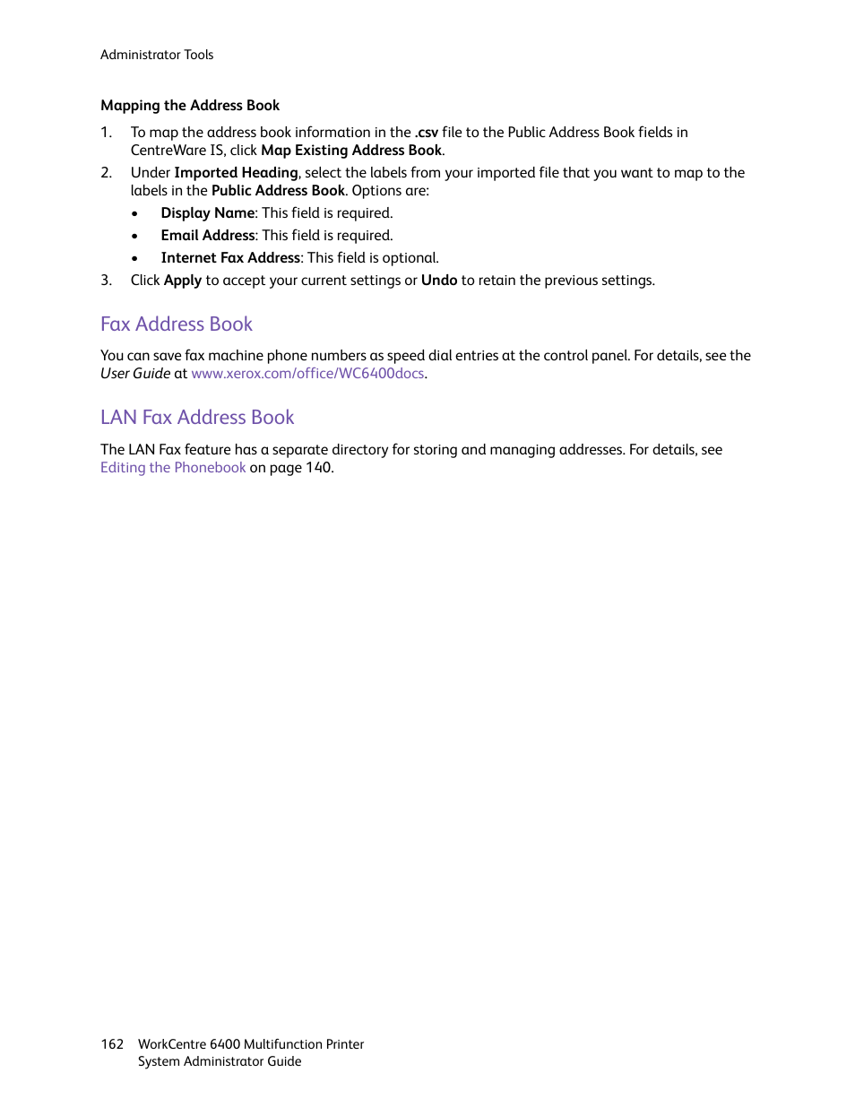 Fax address book, Lan fax address book, Fax address book lan fax address book | Xerox WorkCentre 6400 User Manual | Page 162 / 184