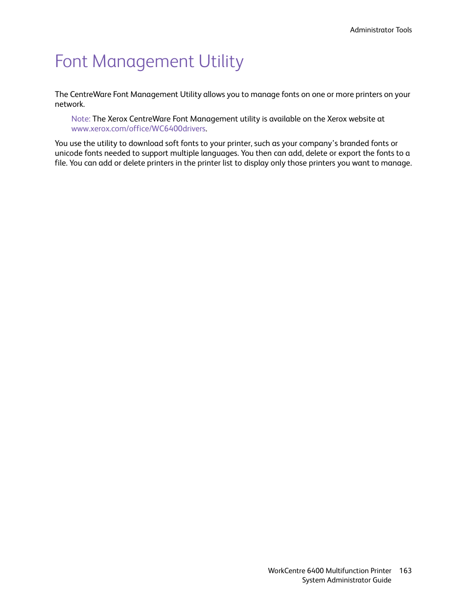 Font management utility | Xerox WorkCentre 6400 User Manual | Page 163 / 184