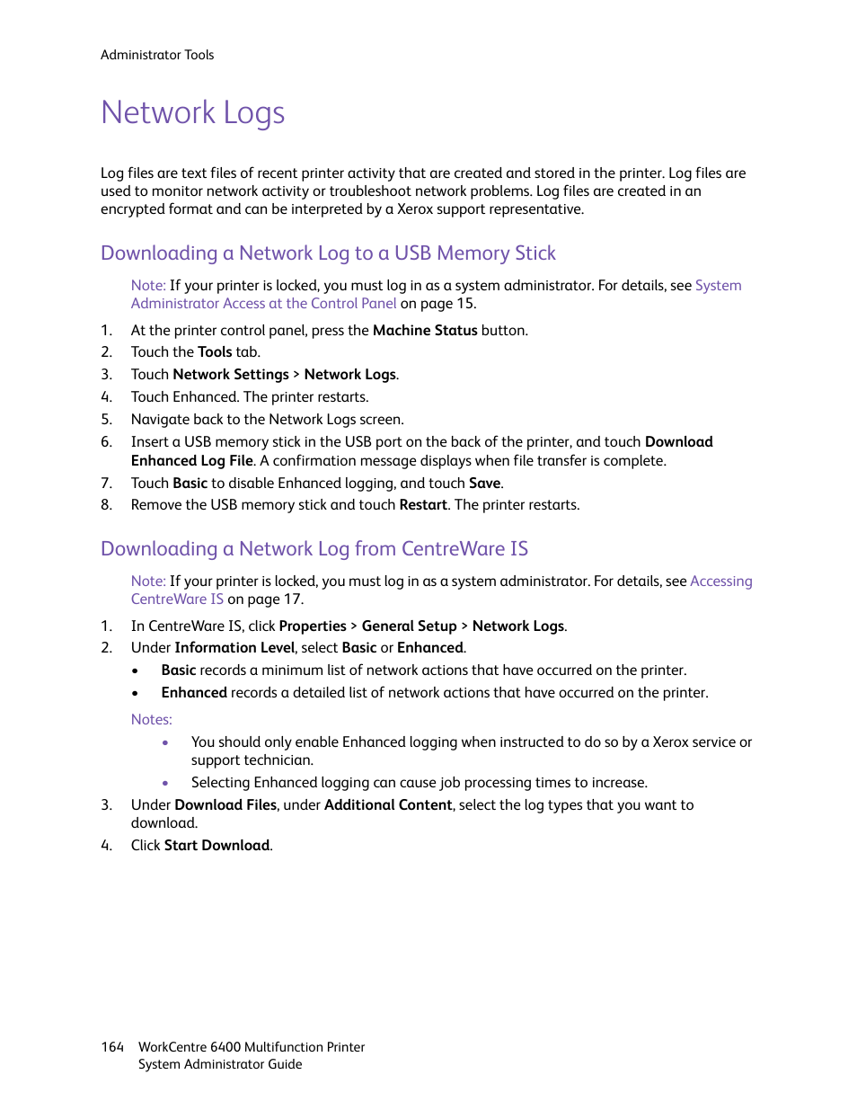 Network logs, Downloading a network log to a usb memory stick, Downloading a network log from centreware is | Xerox WorkCentre 6400 User Manual | Page 164 / 184